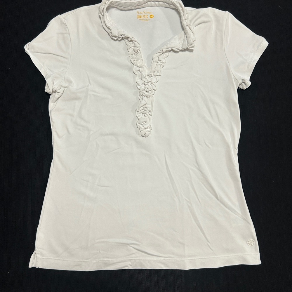 Lilly Pulitzer Luxletic White Ruffle V-Neck Polo Shirt Medium Activewear Golf